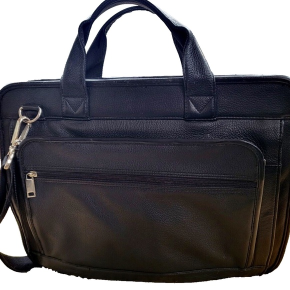 Leather Unisex Black Leather Studio Inner Dividers Pockets Laptop Bag